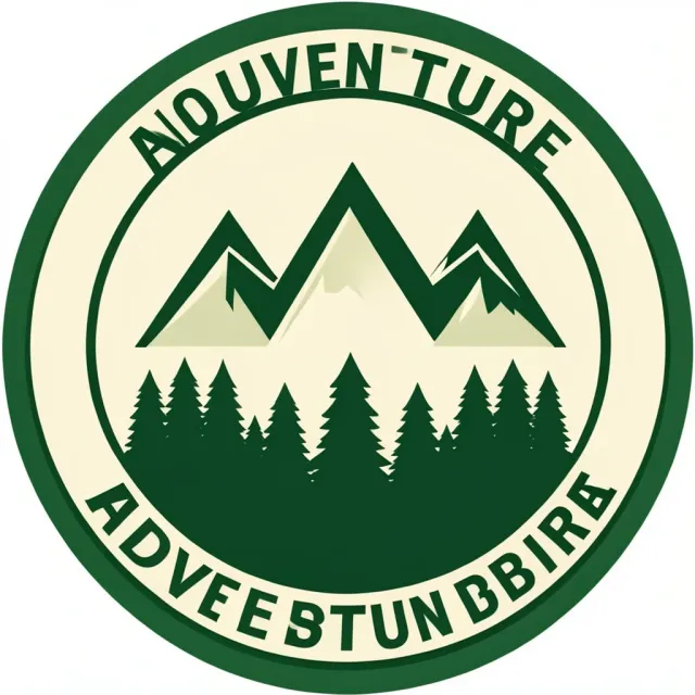 A circular mountain and pine adventure badge logo — AI-generated example render
