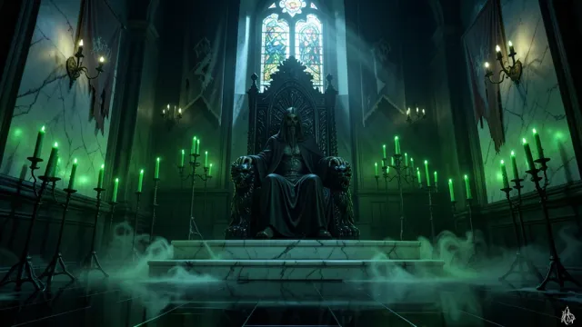 A gothic necromancer throne room lit by green candles