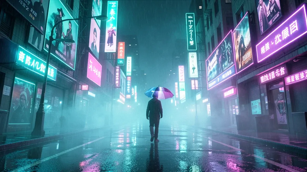 A neon cyberpunk city street at night — AI-generated example render