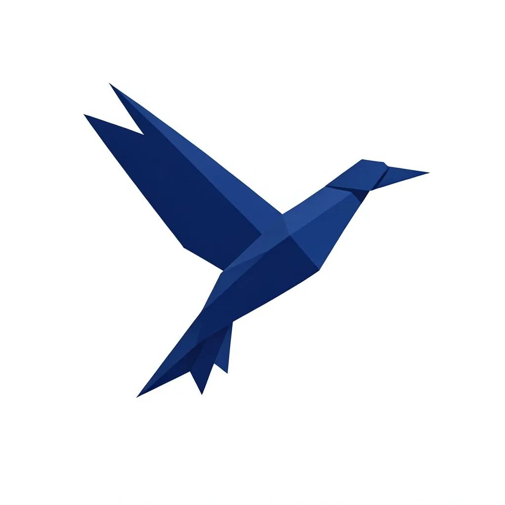 A faceted geometric origami crane logo mark in indigo