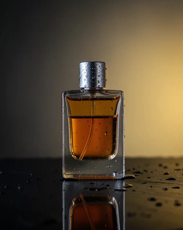A studio perfume bottle product photo — AI-generated example render