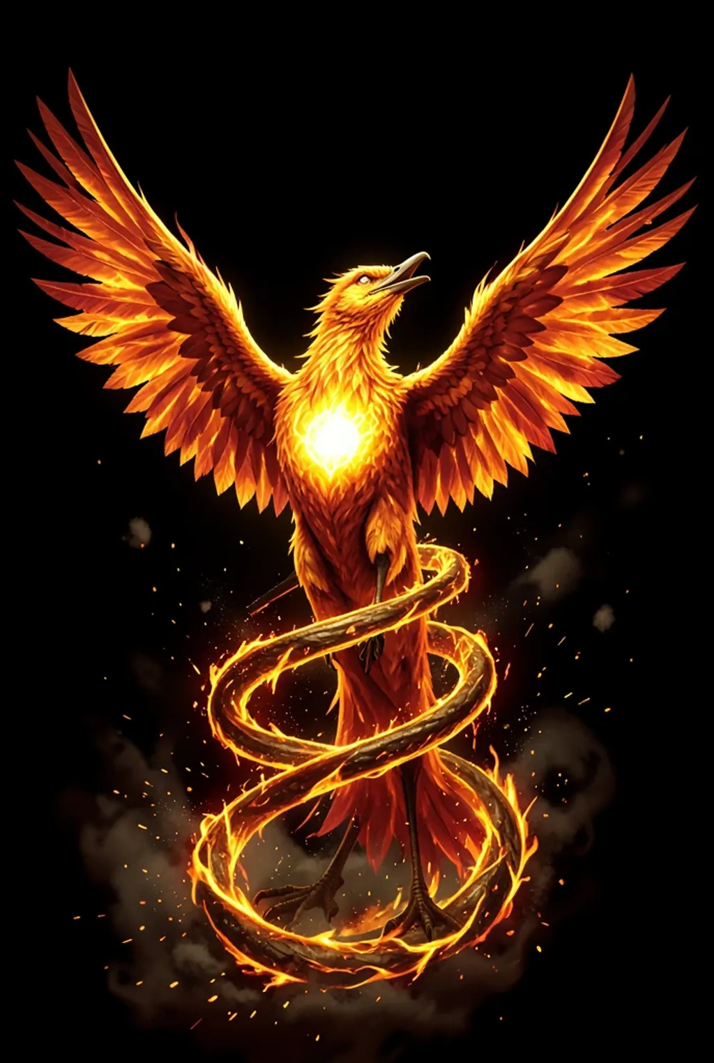 A phoenix rising through a golden ember spiral on black