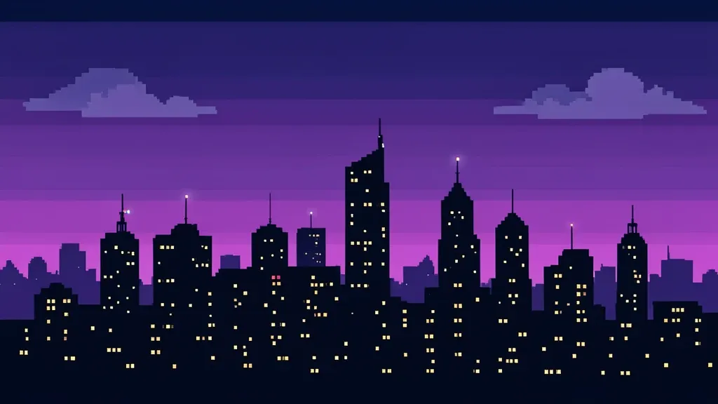 A pixel art night city skyline at purple dusk — AI-generated example render