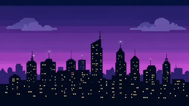 A pixel art night city skyline at purple dusk — AI-generated example render