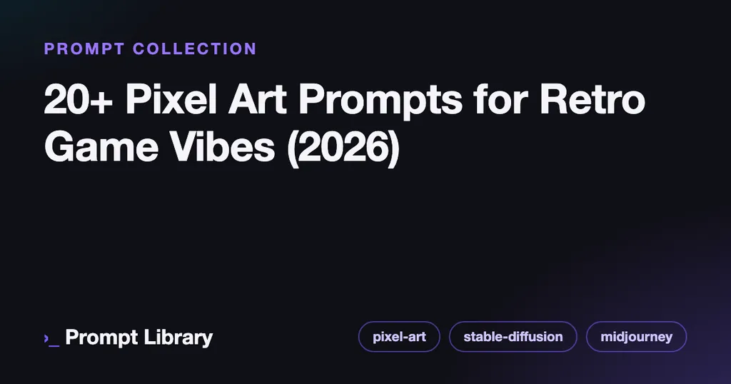Branded cover card for the prompt collection “20+ Pixel Art Prompts for Retro Game Vibes (2026)”, dark theme with iris accent