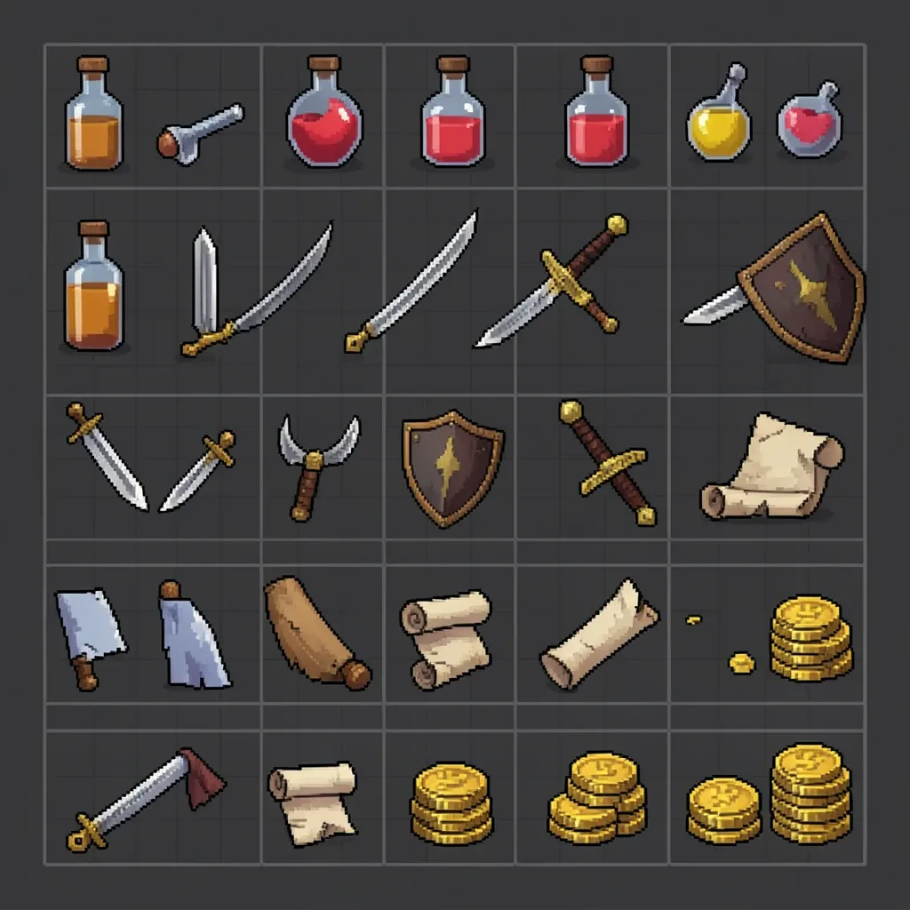 A pixel art RPG item sheet of potions and swords on a dark grid