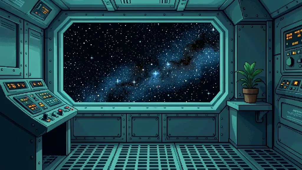 A 16-bit pixel art space station interior with a starfield observation window