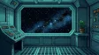 A 16-bit pixel art space station interior with a starfield observation window