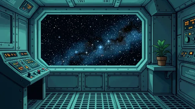 A 16-bit pixel art space station interior with a starfield observation window
