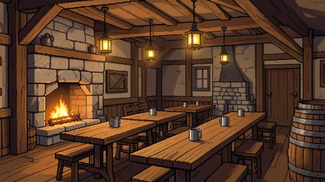 A 16-bit pixel art cozy fantasy tavern interior with warm lamplight