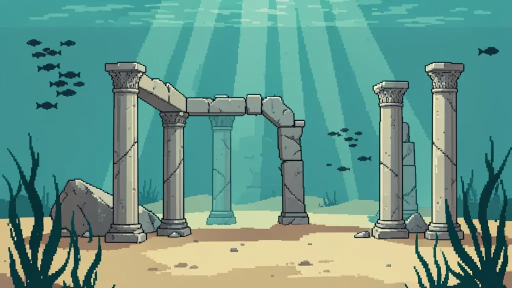 Pixel art sunken temple ruins with dithered light shafts and fish