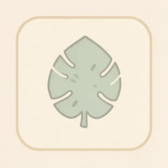 A flat sage-green monstera leaf icon centred on a warm cream rounded square