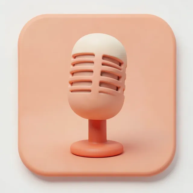A soft 3D coral retro microphone icon centred on a rounded square tile