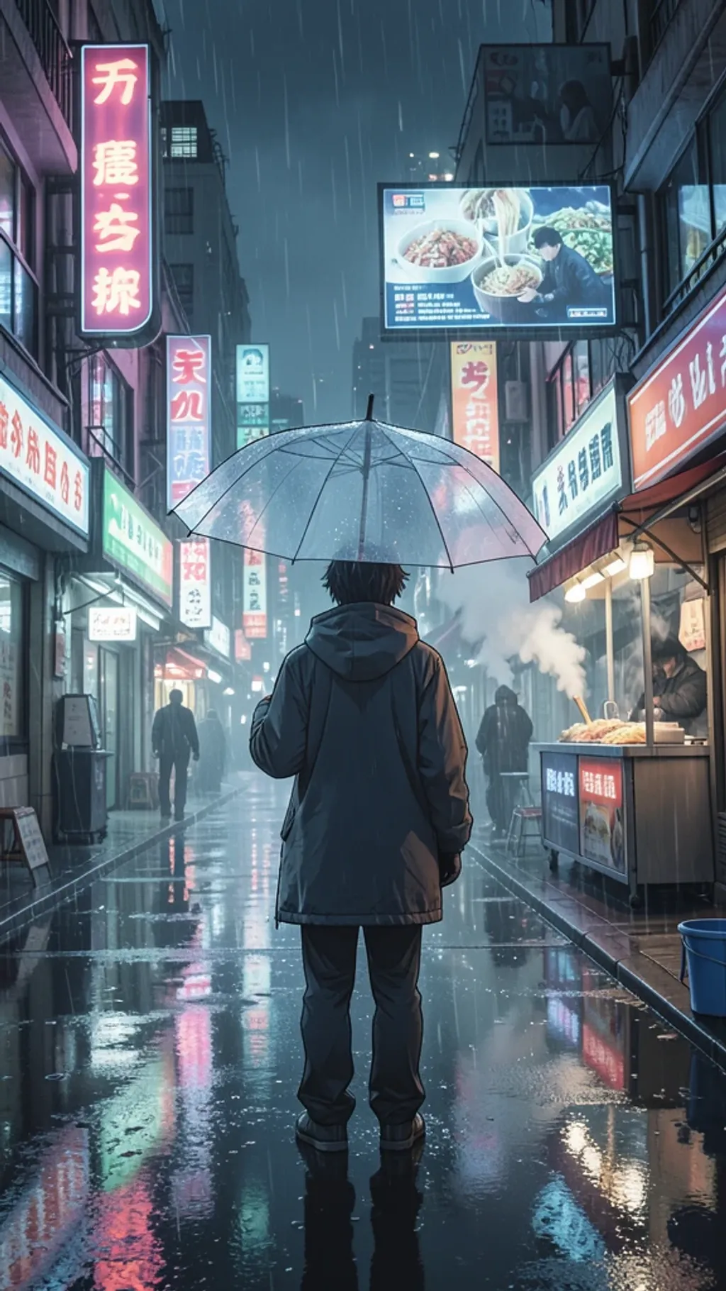A rainy cyberpunk anime street at night — AI-generated example render