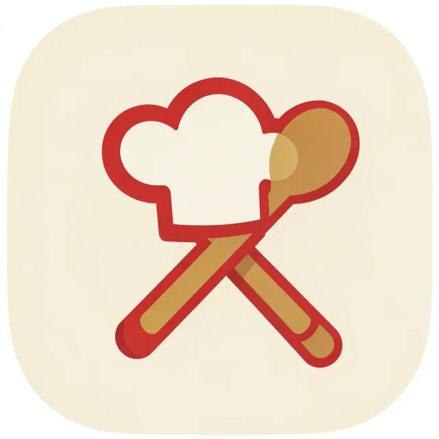 A flat chef-hat and spoon recipe app icon on warm cream