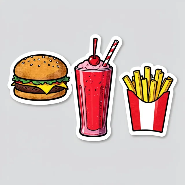 A retro diner food sticker sheet with burger, shake and fries