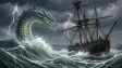 A sea serpent breaching storm waves beside a sailing ship