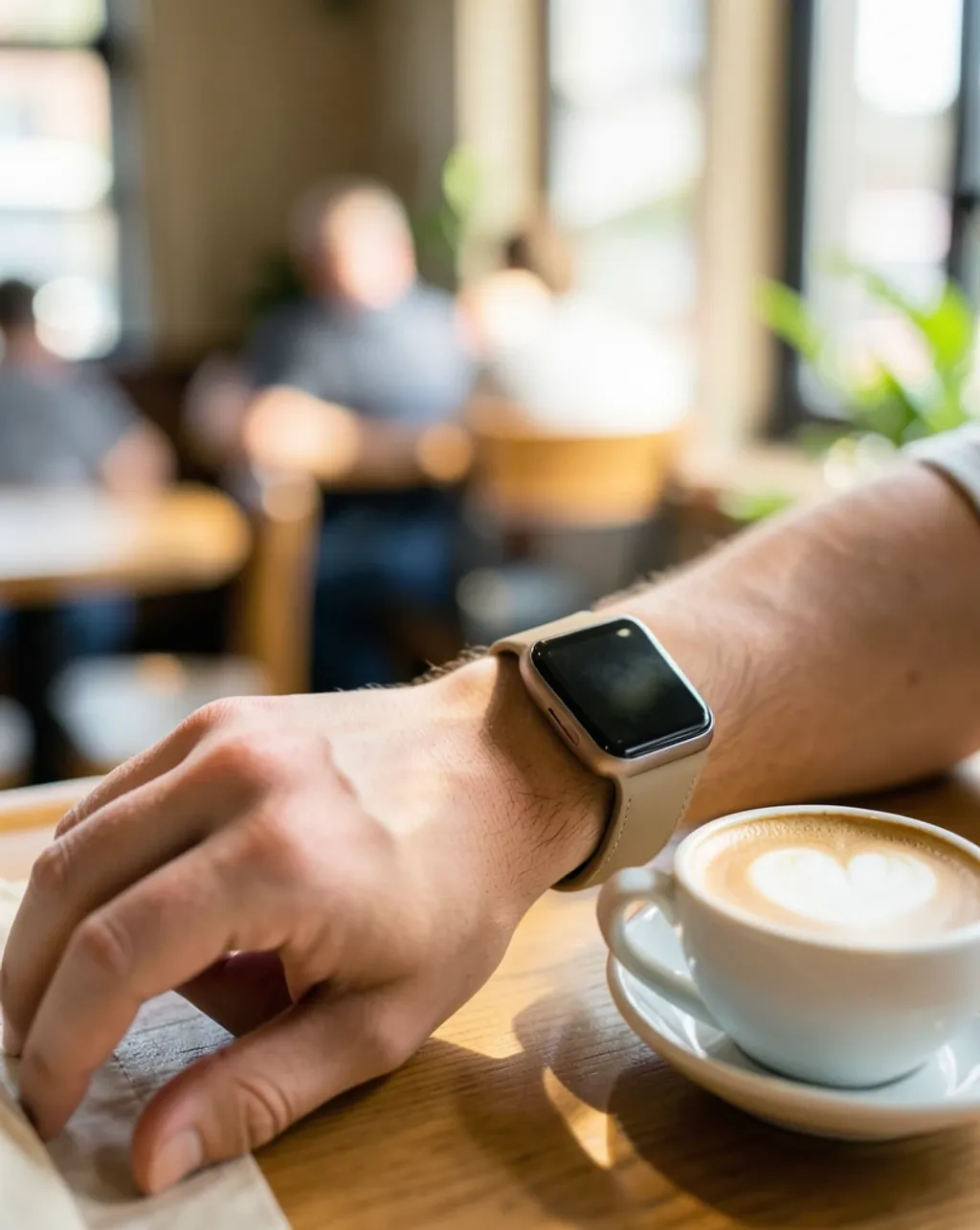 A blank-faced smartwatch on a wrist at a café table