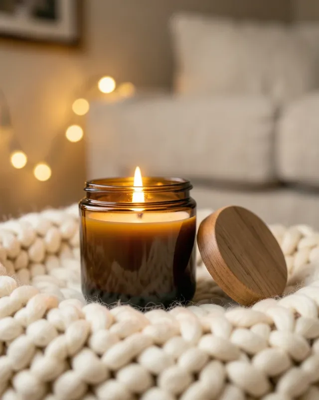 A lit amber jar soy candle in cozy hygge styling — AI-generated example render