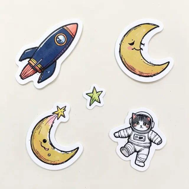 Hand-drawn space doodle stickers with rocket and planets