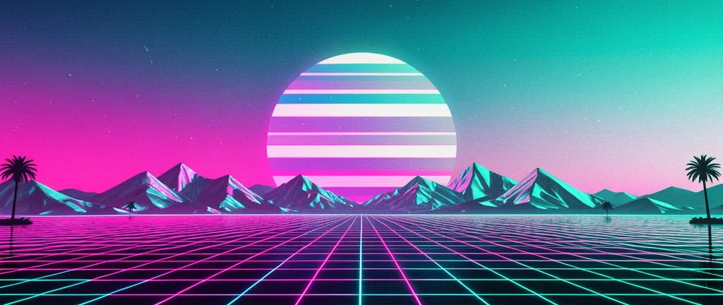 A synthwave sunset over a neon grid plain — AI-generated example render