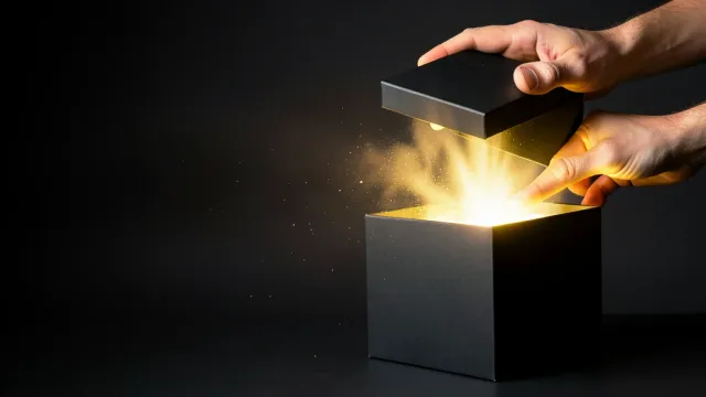 Hands opening a glowing gadget box YouTube thumbnail