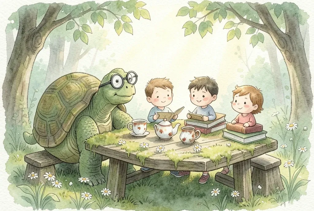 A spectacled tortoise hosting a garden tea party for small woodland guests in watercolour