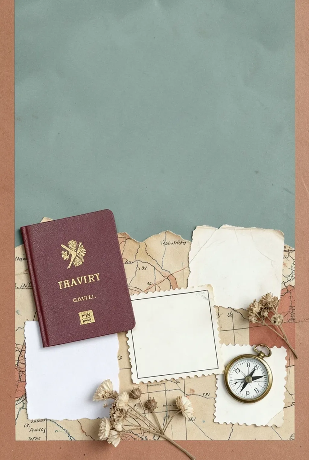 A layered travel scrapbook collage pin with map motifs