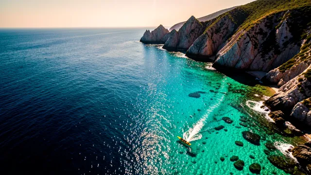 An aerial coastline travel thumbnail with a tiny kayaker