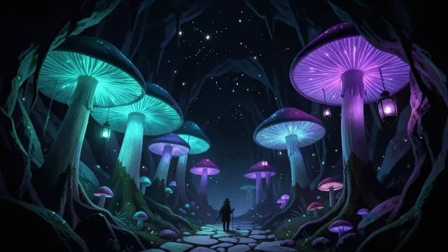 A cavern forest of giant glowing mushrooms — AI-generated example render