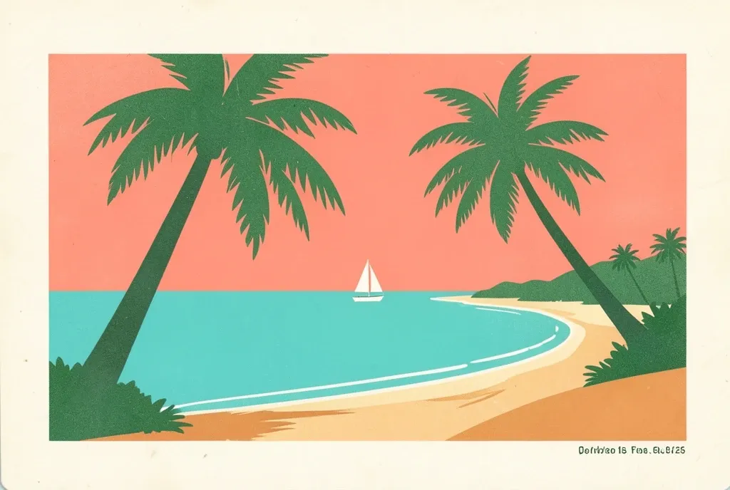 A mid-century tropical travel postcard in flat lithograph color