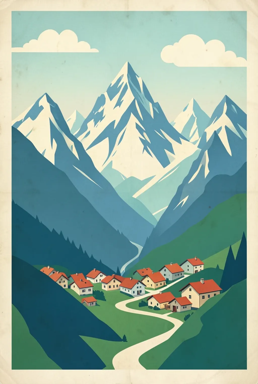 A vintage alpine village travel poster in flat lithograph style