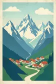 A vintage alpine village travel poster in flat lithograph style