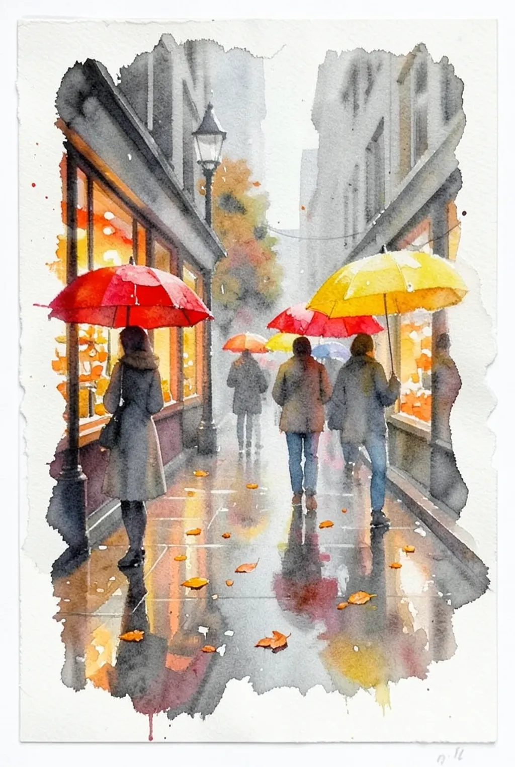 A loose watercolor of a rainy autumn street with umbrellas