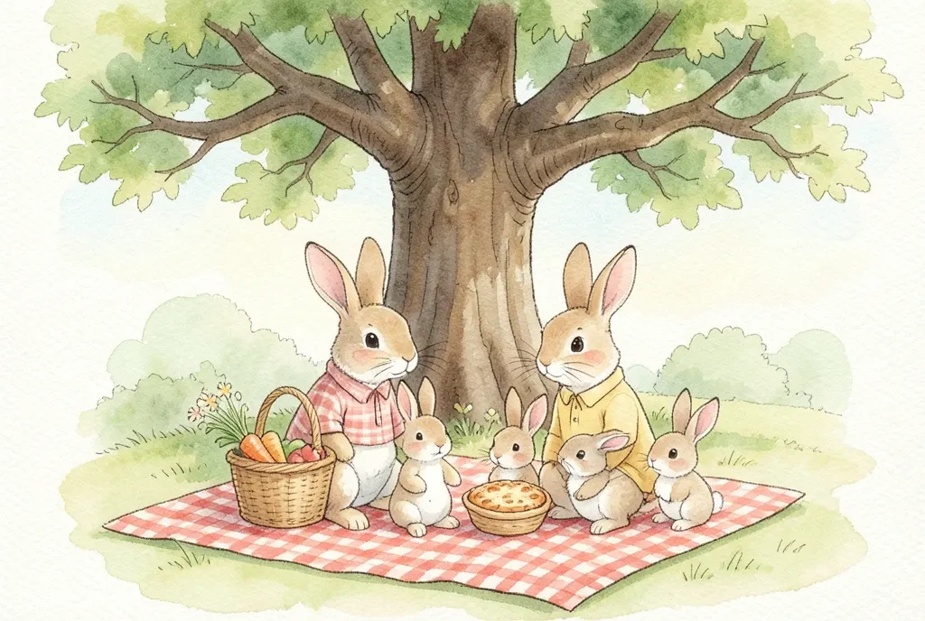 A watercolor bunny family picnic under an oak tree