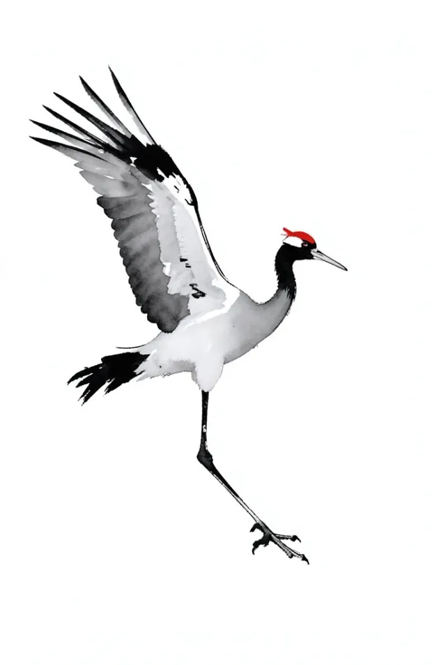 A minimal ink and wash crane dancing on white paper