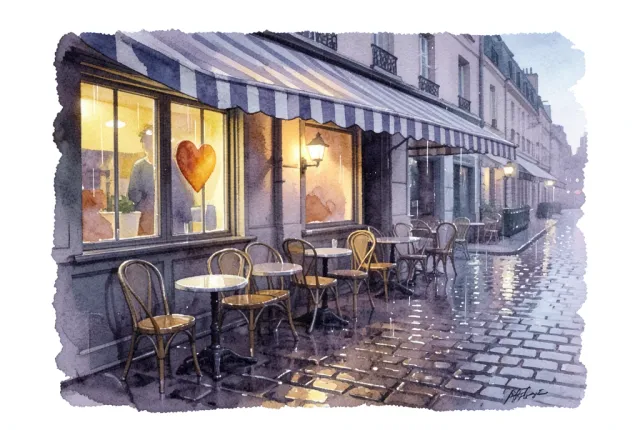 A watercolor rainy Paris café terrace with warm window light
