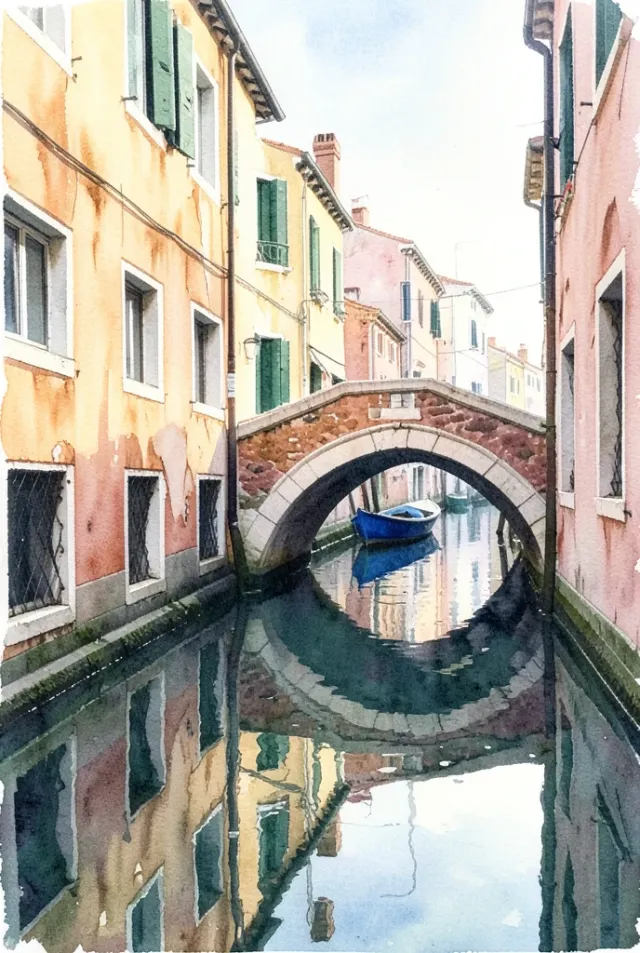 A quiet watercolor Venice canal corner with soft reflections