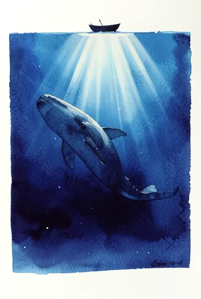 A watercolor whale beneath a small boat in deep blue washes