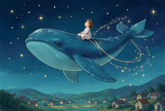 A blue whale drifting through a starlit sky with a child in pyjamas riding on its back