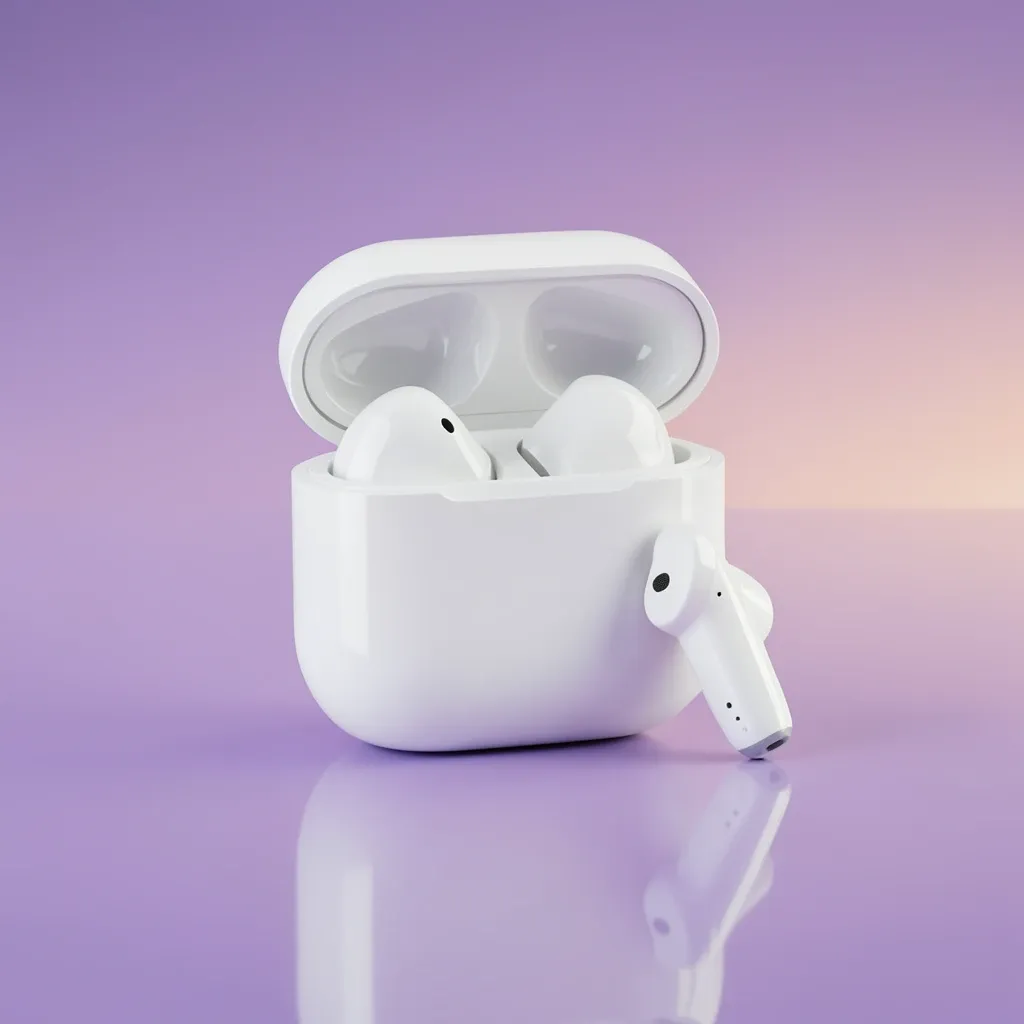 White wireless earbuds on a violet-peach gradient — AI-generated example render